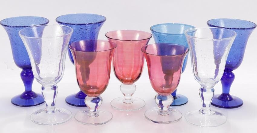 9 Variously Colored Bubble Glass Goblets