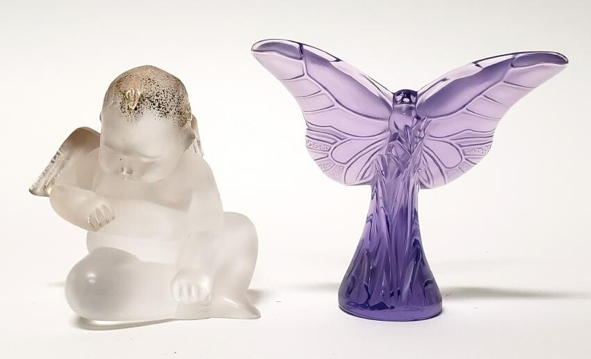 Lalique Crystal Figures of Purple Butterfly & Cherub