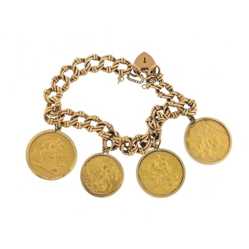 9ct gold bracelet mounted with three gold sovereigns and a h...