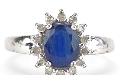 9ct white gold blue spinel and diamond cluster ring, the spi...