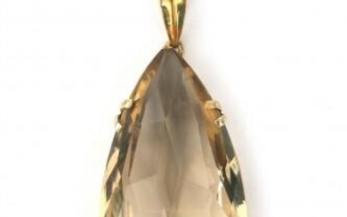 A 14 karat gold smokey quartz pendant. Featuring a drop shaped faceted cut stone. Gross weight: 10 g.