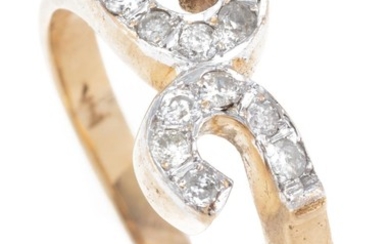 A 14CT GOLD DIAMOND RING; double C motif set with 12 round brilliant cut diamonds, some chipped, size R, wt. 3.23g.