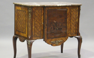 A 19th century French kingwood parquetry veneered side cabinet with rouge marble top and gilt metal