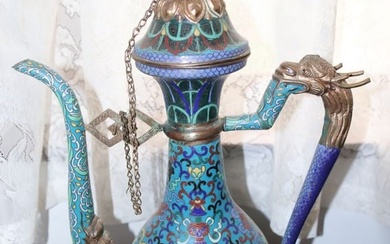 A 20TH CENTURY CHINESE CLOISONNE DRAGON HANDLE EWER