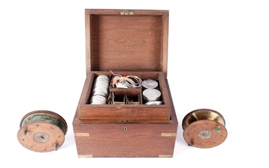 A 20th Century brass bound and mahogany campaign style fly tiers box