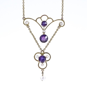 A 9ct gold amethyst and pearl pendant necklace, stylised ope...