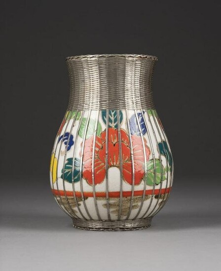 A AWAJI VASE WITH SILVER OVERLAY