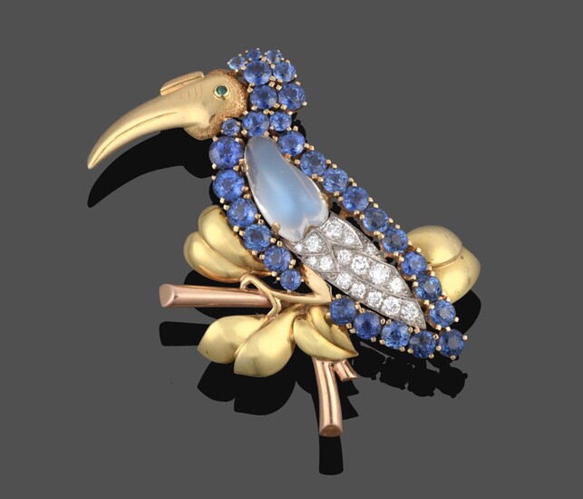 A Bird Brooch, by Cartier, modelled as a bird, possibly a dodo, perched on a branch, its body...