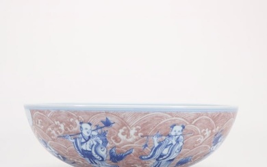 A Blue and White Glaze-Inside-Red Eight Immortals Bowl (Daqing Jiaqing Reign Mark)