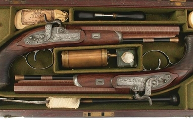 A CASED PAIR OF 32-BORE PERCUSSION DUELLING OR TARGET