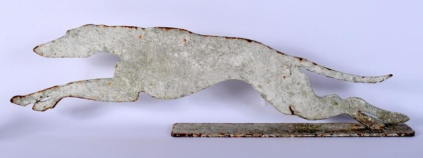 A CAST IRON PAINTED MODEL OF A RUNNING GREYHOUND. 74 cm