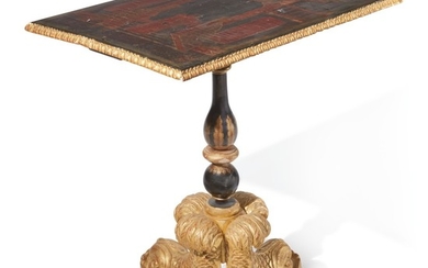 A CHINESE LACQUER CENTER TABLE ON A JAPANNED AND GILTWOOD DOLPHIN BASE, 19TH CENTURY