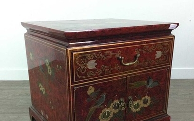 A CHINESE RED PAINTED BEDSIDE CABINET