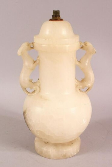 A CHINESE STYLE WHITE ONYX CARVED LIDDED VASE / LAMP