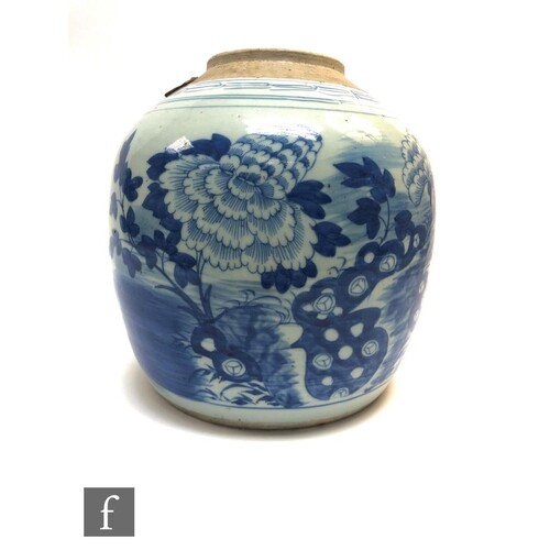 A Chinese 19th Century blue and white jar, decorated with lo...