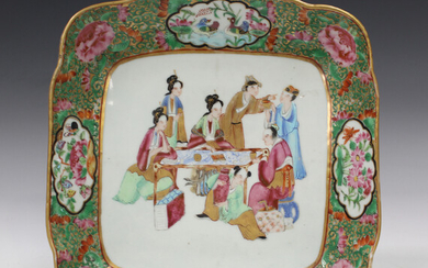 A Chinese Canton famille rose square porcelain dish, mid-19th century, painted with a central figura