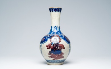 A Chinese bottle shaped crackle glazed blue, white and copper-red 'deities' vase, Yongzheng mark, 19th/20th...