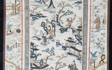 A Chinese embroidered cream silk sleeve panel, late Qing dynasty, each panel stitched together, work