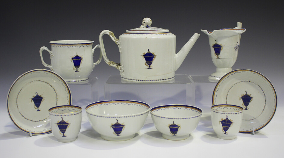 A Chinese export porcelain part tea service, late Qianlong period, painted with gilt overlaid cobalt