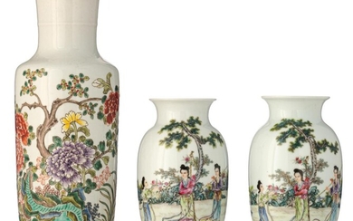 A Chinese famille rose rouleau vase, added two...