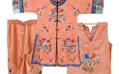 A Chinese silk dressing gown and pyjama set