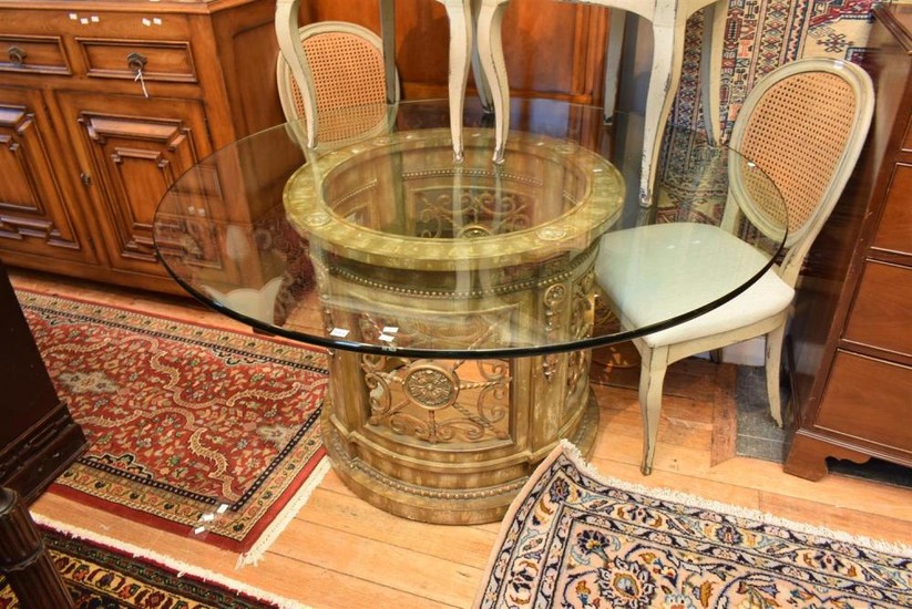 A DECORATIVE CIRCULAR TABLE BASE WITH GLASS TOP 140W x 75cm H (PLEASE NOTE THIS ITEM MUST BE REMOVED BY CLIENTS OR CARRIERS AT THE C...
