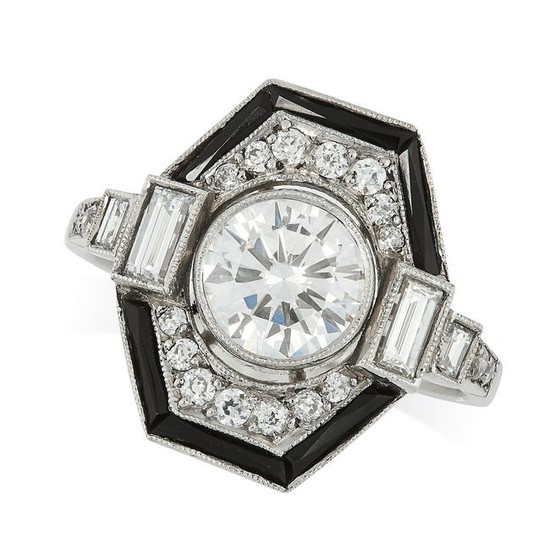 A DIAMOND AND ONYX DRESS RING in Art Deco design, set