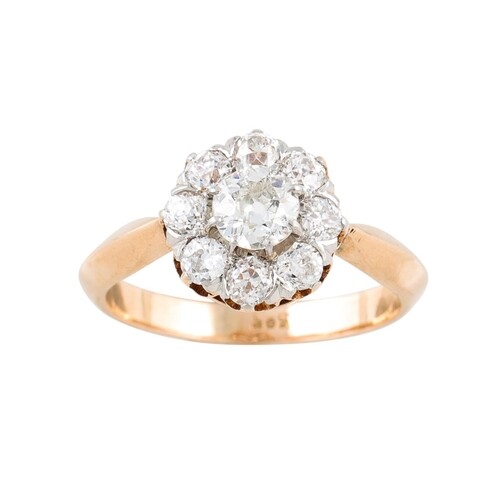 A DIAMOND CLUSTER RING, the old cut diamonds set in a circul...
