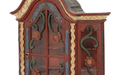 A Danish 18th century wall mounted Rococo display cabinet, carved and polychrome...