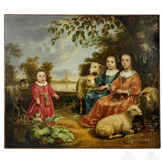 A Dutch painting with children and sheep in the style