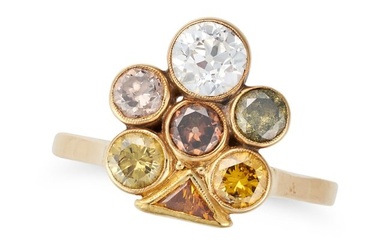 A FANCY COLOURED DIAMOND DRESS RING set with a cluster of round cut yellow, green and brown