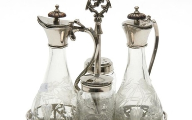 A FINE AUSTRALIAN MARTIN & MARTIN 1950S FOUR BOTTLE ETCHED CRYSTAL AND SILVER PLATED CRUET STAND, 22.5 CM HIGH