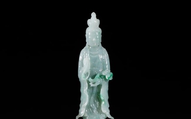 A FINE CARVED JADEITE STANDING GUANYIN