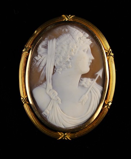 A Fine 19th Century Carved Shell Cameo Brooch in 18 carat gold mount. The oval cameo depicting the b