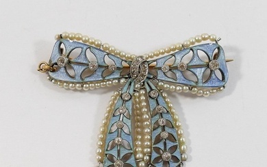 A French Belle Epoch enamel, seed pearl and diamond set bow ...