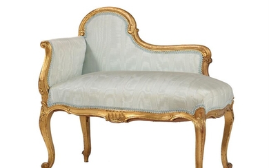 A French giltwood and watered silk upholstered window seat in Louis XV style