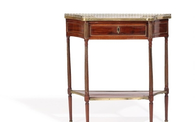 A French late 18th century brass mounted mahogany Directoire console with marble top, front with drawer. H. 86. W. 81. D. 31 cm.