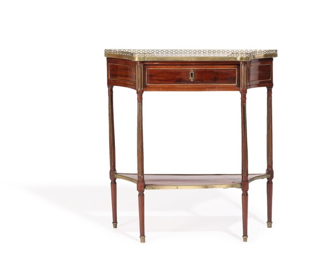 A French late 18th century brass mounted mahogany Directoire console with marble top, front with drawer. H. 86. W. 81. D. 31 cm.