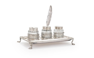 A GEORGE III SILVER OBLONG INKSTAND