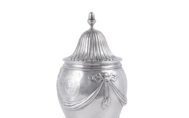 A GEORGE III SILVER OVOID PEDESTAL SUGAR VASE AND COVER BY CHRISTOPHER MAKEMEID