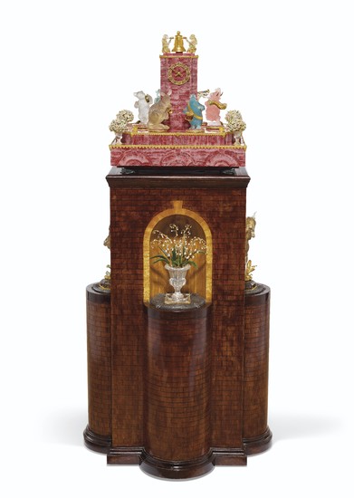 A GOLD, GEM, AND HARDSTONE-MOUNTED RHODOCHROSITE MUSICAL CLOCK ON ARCHITECTURAL WOOD TOWER, MARK OF ANDREAS VON ZADORA-GERLOF, 1996