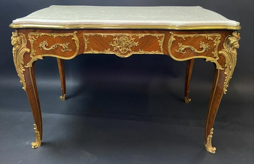 A GOOD DORE BRONZE MOUNTED KINGWOOD MARBLE TOP TABLE