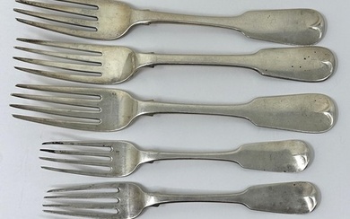 A George III silver fiddle pattern fork, four other silver f...