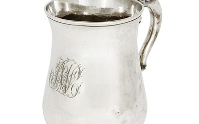 A George III silver mug, London, 1767, John King, of baluster form, the scroll handle with foliate thumbpiece, 13cm high, approx. weight 12.1oz