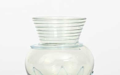 A James Powell & Sons Whitefriars Mount Carmel sea green glass vase, ovoid with flaring neck, applied with blue threaded decoration to body and neck, unsigned, 12.5cm. high Literature Wendy Evans Whitefriars Glass Museum of London, page 272 bottom...