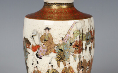 A Japanese Satsuma earthenware vase by Kinkozan, Meiji period, of shouldered tapering form, painted