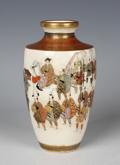 A Japanese Satsuma earthenware vase by Kinkozan, Meiji period, of shouldered tapering form, painted