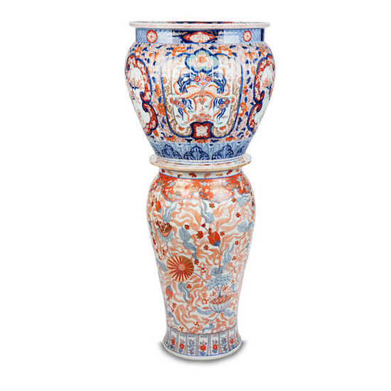 A LARGE JAPANESE IMARI JARDINIERE AND A PEDESTAL STAND