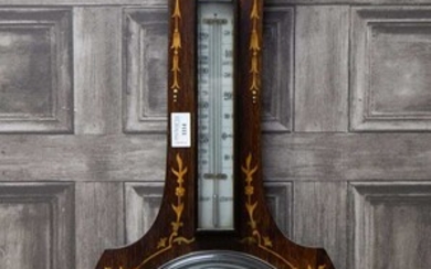 A LATE 19TH CENTURY INLAID ROSEWOOD BANJO BAROMETER