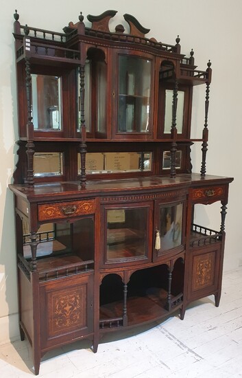 A LATE VICTORIAN ROSEWOOD AND INLAID BOWFRONTED DISPLAY CABINET